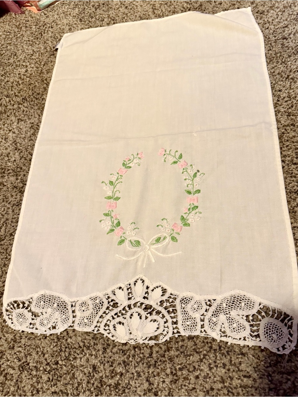 Embroidered White Linen Accent Tea Towel with Pink Floral Wreath